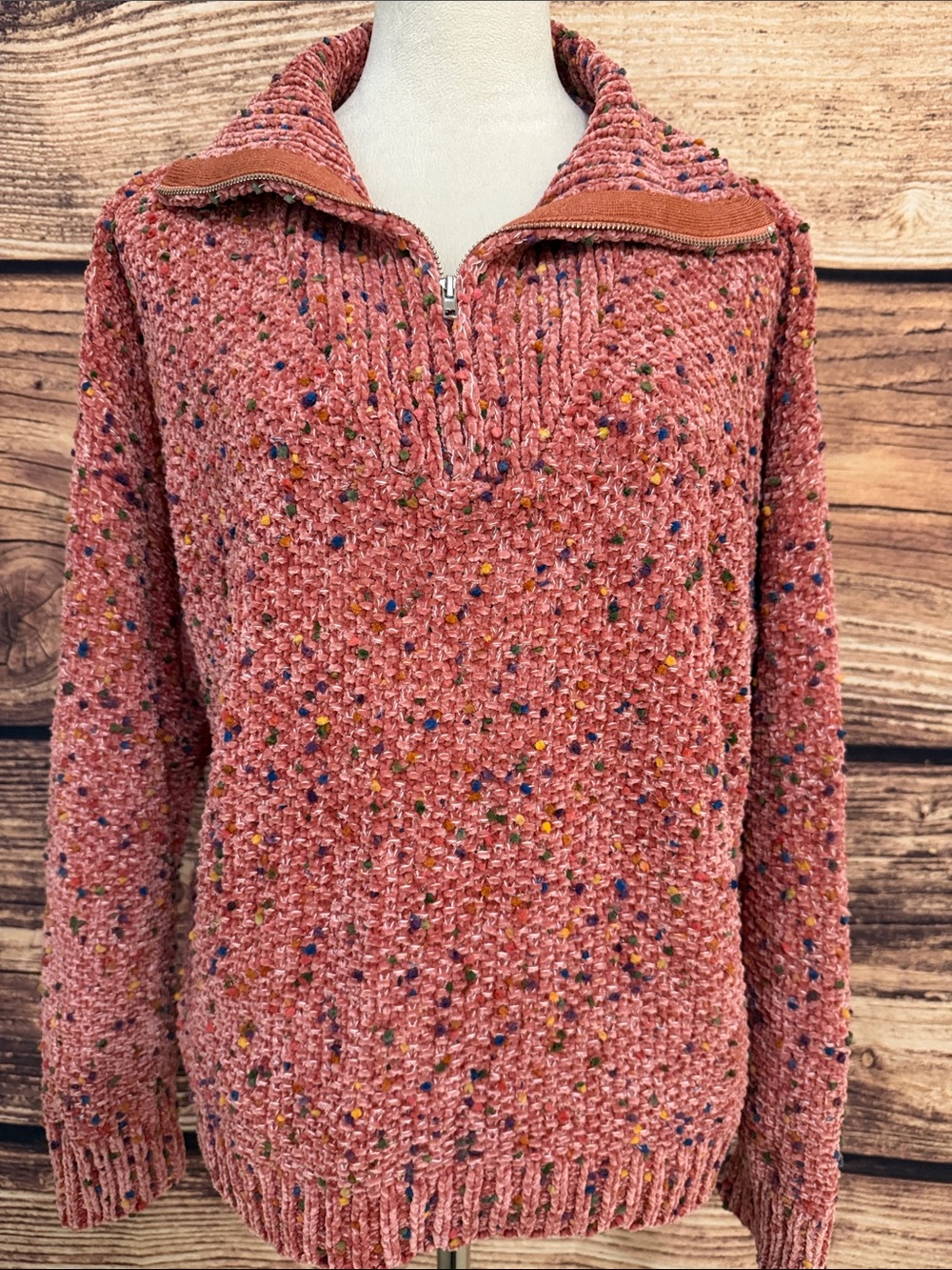 Speckled Coral Half-Zip Cowl Turtleneck Sweater NWOT